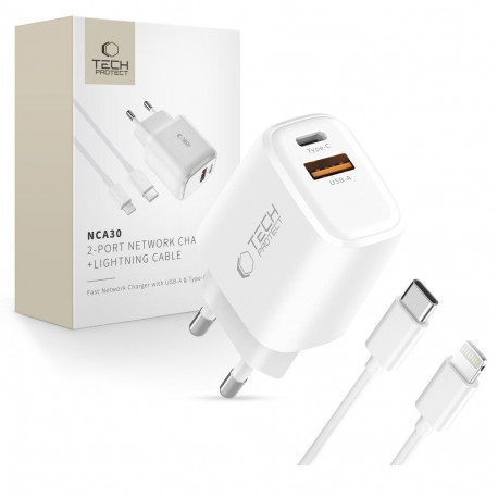 TECH-PROTECT NCA30 2-PORT NETWORK CHARGER PD 30W / QC3.0 + LIGHTNING CABLE WHITE