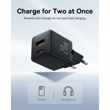 Wall Charger Baseus Palm, 20W, 3A, 1 x USB-A - 1 x USB-C, Black P10111608113-00