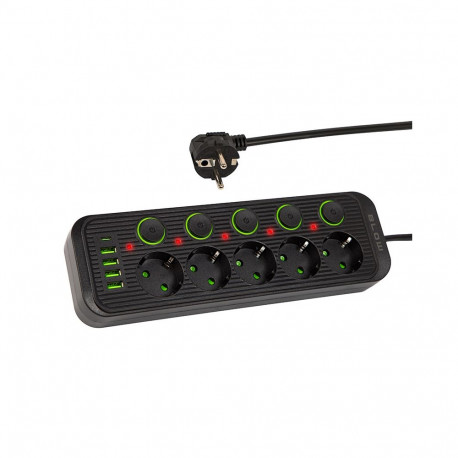 98-208# Przedłużacz sieciowy ps-530s 5-gniazd 4xusb 1xusb-c 3m czarny 3x1mm