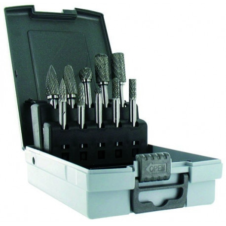 Set of Tungstene Carbide Rotary Burrs FLK10. Contains 10 rotary burrs Ø6 - Ø12 mm with different sha