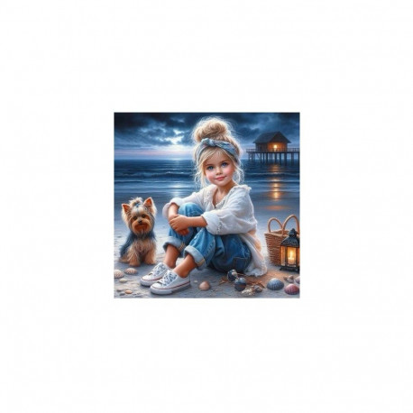 Diamond mosaic - Girl sitting with a dog on the beach