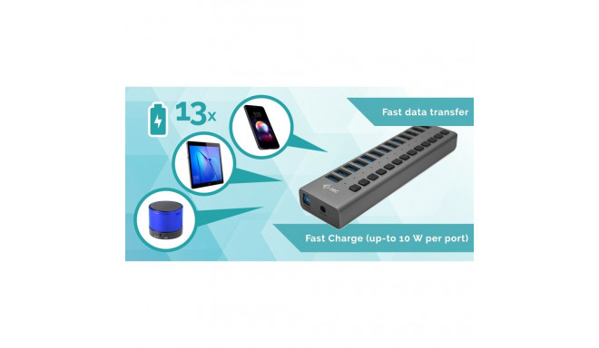 i-tec USB 3.0 laadimishub 13 laadimishub 60W toiteallikaga 13x USB 3.0 (max. 10W) 5 Gbps lülititega