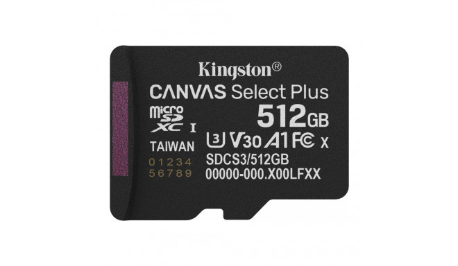 KINGSTON 512GB micSDXC Canvas Select Plus Gen3 150R A1 ühekordne pakend ilma ADP-ta