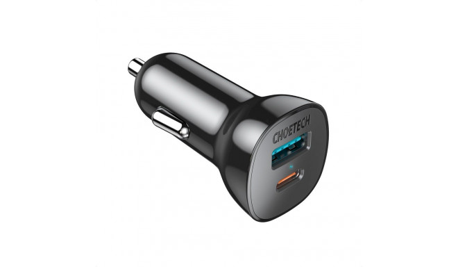 Choetech kiire autolaadija USB Type C PD | USB QC3.0 3A 36W must (TC0005)