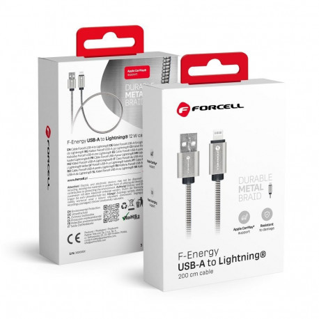 Cable USB A to Lightning Forcell F-Energy 2,4A 12W Metal 2 m C236 silver