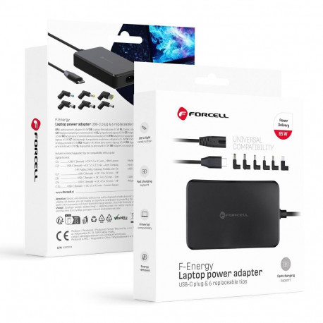 FORCELL F-ENERGY E856 uniwersal laptop charger 65W USB C + 6 adaptors - black