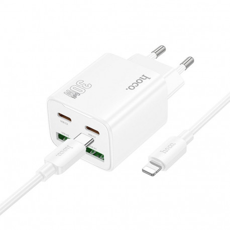 Phone charger Hoco 2 x USB C + 2 x USB A QC3.0 PD 3A 30W + cable USB C to Lightning N56 white