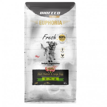 BIOFEED Euphoria Fresh täiskasvanud keskmise ja suure tõu kalkuni ja lambaga kuiv koeratoit 12kg