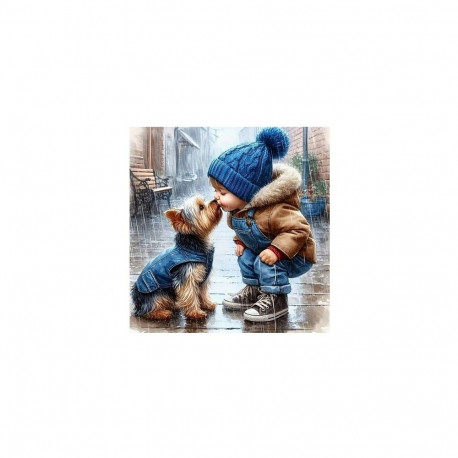 Diamentowa mozaika - chłopiec i pies york, buziak w deszczu