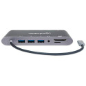 Manhattan USB-C Dock/Hub with Card Reader, Ports (x8): USB-C to HDMI, Audio 3.5mm, Ethernet, Mini Di