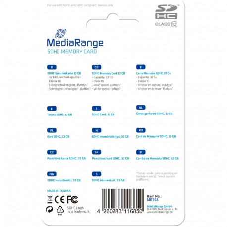 "CARD MediaRange Speicherkarte 32GB SDHC Klasse 10"