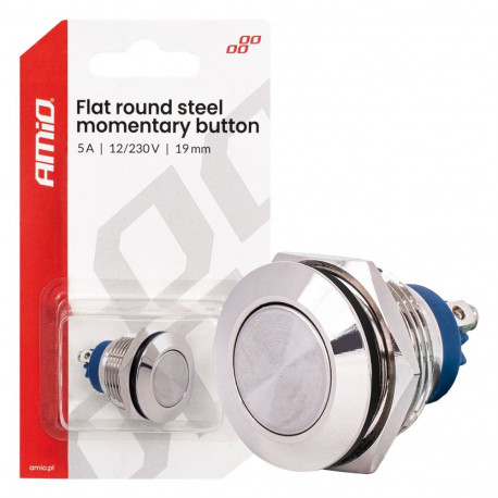 Przycisk chwilowy rozruchu płaski okrągły stalowy 19mm 5a 12/230v amio-04436