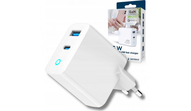Gembird TA-UC-PDQC65L-W-01 1x USB-A 1x USB-C 3 A laadija