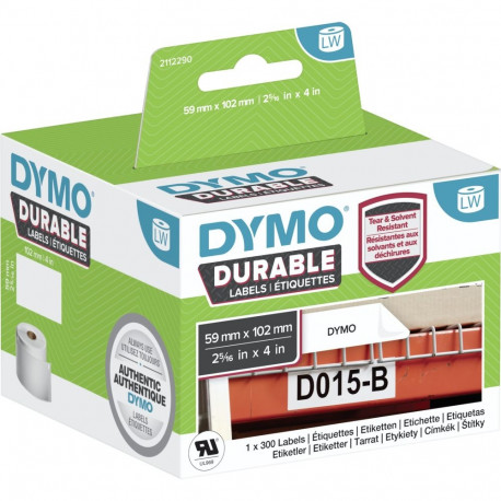 Dymo LW Durable -püsikleeps 59 mm x 102 mm, 300 kleebist, valge polüester
