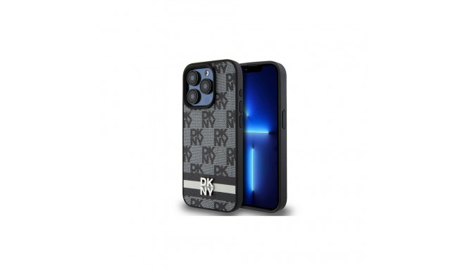 DKNY Leather Checkered Mono Pattern & Printed Stripes iPhone 15 Pro Case - Black
