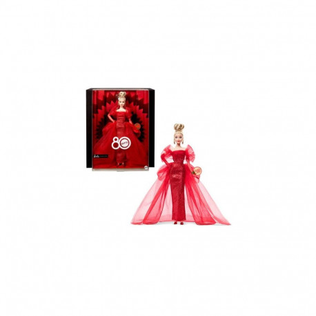 Barbie Signature Collectible Doll for Mattel 80th Anniversary, Glittery Red Tulle Gown, Blonde Hair