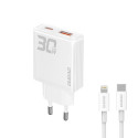 GaN Dudao A30EUL 30W USB-A / USB-C Wall Charger + USB-C - Lightning Cable - White GaN Dudao A30EUL 30W USB-A / USB-C Wall Charger + USB-C - Lightning Cable - White