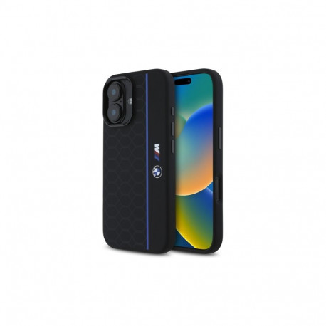 BMW Silicone Hexagon Blue Line MagSafe iPhone 16 Case - Black