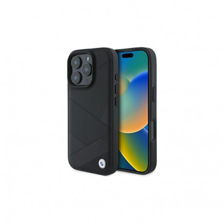 BMW Sign Leather Crossing Lines Pattern iPhone 16 Pro Max Case - Black