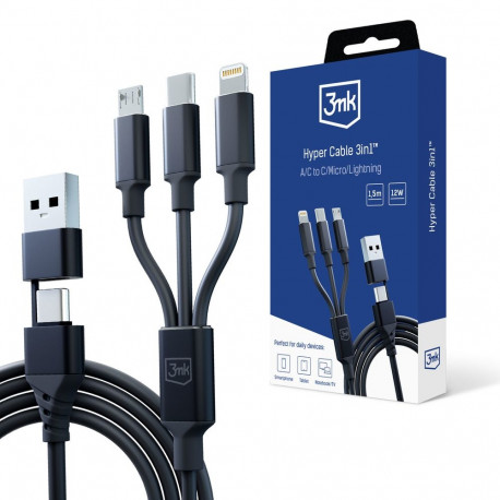 3mk kaabel Hyper Cable 3in1 USB-A/USB-C - USB-C/microUSB/Lightning 1,5m, must