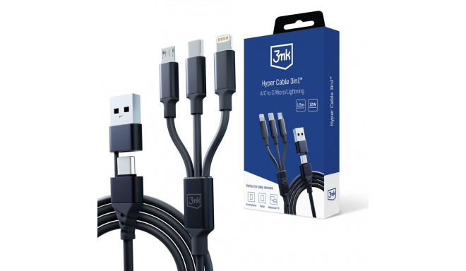 3mk kaabel Hyper Cable 3in1 USB-A/USB-C - USB-C/microUSB/Lightning 1,5m, must