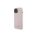 Guess Silicone Script Metal Logo & Frame case for iPhone 15 - pink
