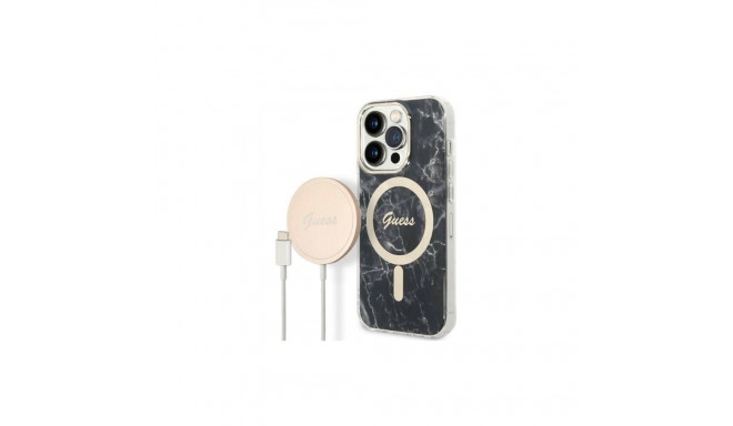 Set Guess GUBPP14XHMEACSK Case+ Charger iPhone 14 Pro Max 6.7" black/black hard case Marble MagSafe