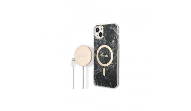 Set Guess GUBPP14SHMEACSK Case+ Charger iPhone 14 6.1" black/black hard case Marble MagSafe
