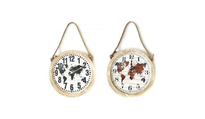 Wall Clock DKD Home Decor Black Brown Rope MDF Wood World Map (2 pcs) (50 x 4 x 50 cm)