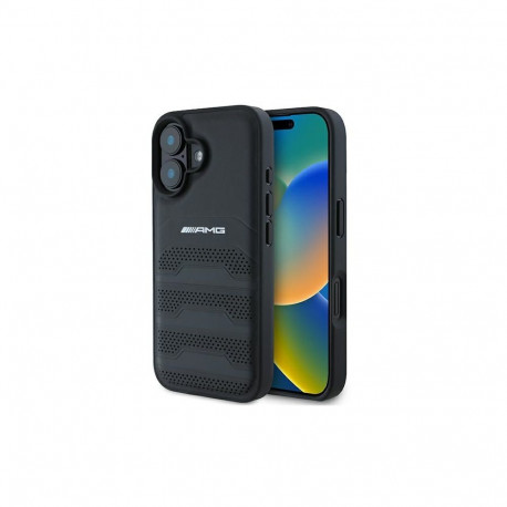 AMG Leather Debossed Lines Black Logo iPhone 16 Case - Black