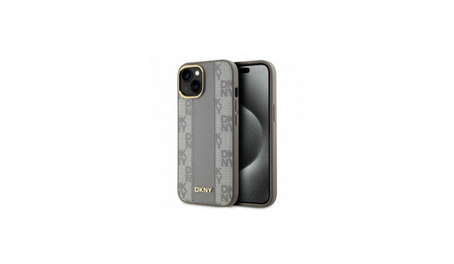 DKNY Leather Checkered Mono Pattern MagSafe iPhone 14 Case - Beige