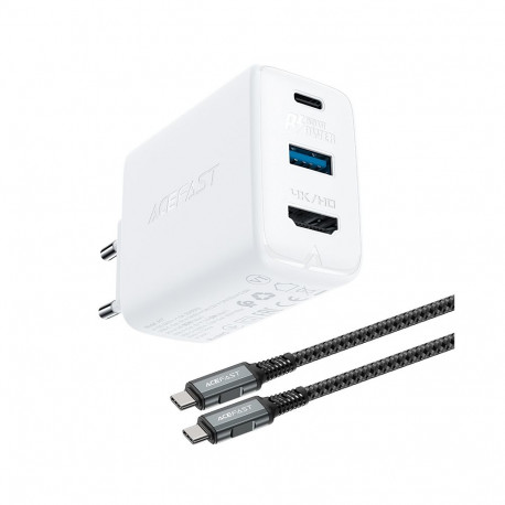 Acefast 2in1 charger GaN 65W USB Type C / USB, adapter adapter HDMI 4K @ 60Hz (set with cable) white