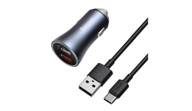 Car Quick Charger 40W 12-24V 2xUSB QC4.0 SCP FCP AFCwith USB-C 1m Cable , Dark Gray