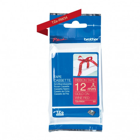 Kleepkirjalint Brother TZE-RW34 kaunistusteks sobiv mitteliimuv lint, veinipunane, kuldne tekst, lai