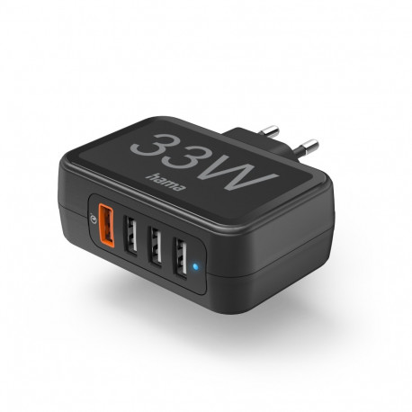 USB-laadija seinapesasse Hama 33W 4-port (1x QC3.0 USB-A 18W, 3x USB-A max 15W), black/must, IC, Qua