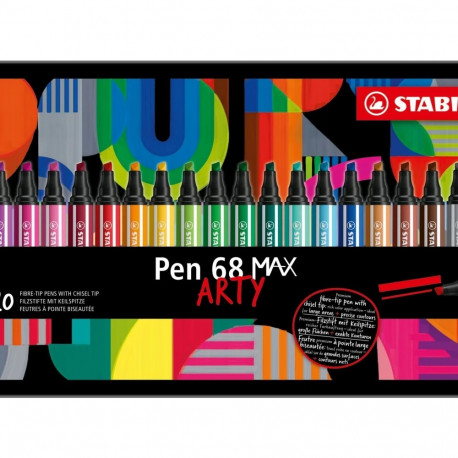 Viltpliiatsid Stabilo ARTY Pen 68 MAX, 1-5 mm lõigatud ots, akvarellitav, 20 värvi metallkarbis