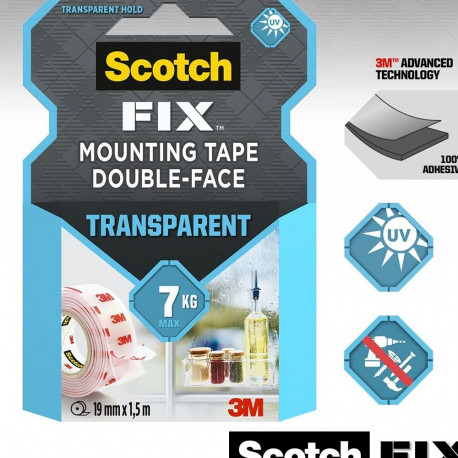 Kinnitusteip rullis Scotch-Fix 4910C-1915-P, 19mm x1,5m, 1kg/20cm, läbipaistev