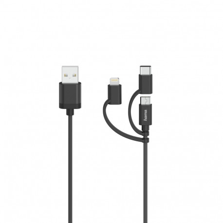 USB-kaabel USB-A - microUSB + Lightning adapter + USB-C adapter Hama 3in1, must USB2.0 kaabel 0.75m