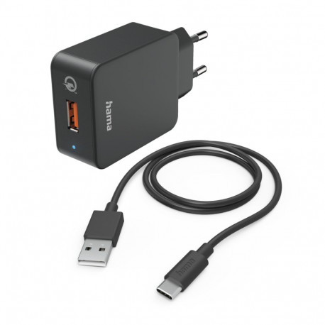 USB-laadija seinapesasse Hama Charger Kit, USB3.0, Type-C kaabel 1.5m, Qualcomm QC3.0 3A 19.5W, blac