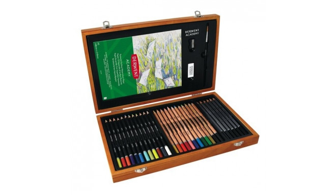 Kunstikomplekt puidust karbis Derwent Academy 30tk: 12värvi-/12akvarell-/6 eskiispliiatsit +kustukum
