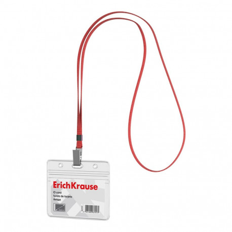 Horizontal ID card with lanyard  ErichKrause 95х58 mm, transparent, red lanyard color (in bag)