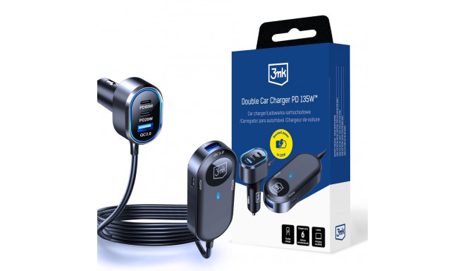 3mk Double Car Charger 135W PD QC PPS USB-C USB-A - Black