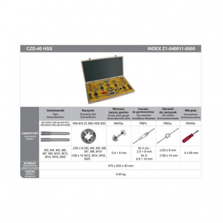 ZESTAW NARZEDZI DO GWINTOWANIA M3-M20 HSS CZD-40