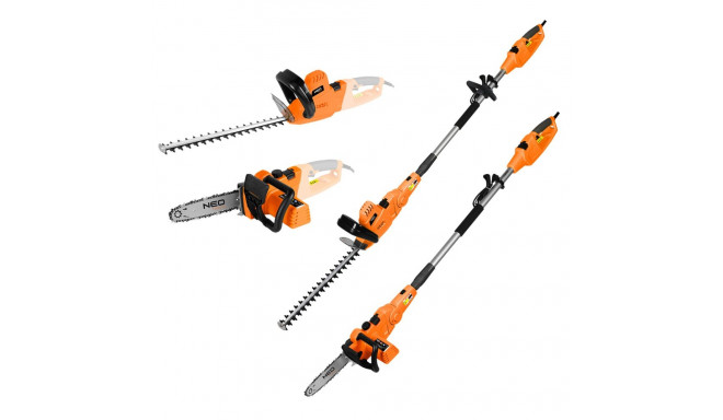 Urządzenie ogrodowe 2w1 z wysięgnikiem: pilarka łańcuchowa 750W 250mm+nożyce do żywopłotu 550W 460mm