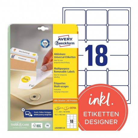 Kleebisetikett AVERY Zweckform 63,5x46,6mm 25 lehte eemaldatav (L6025REV-25)