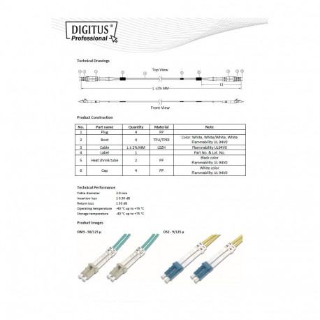 DIGITUS Fiber Optic Patch Cord, LC/LC Multimode 50/125 µ, OM3, Duplex, 15m