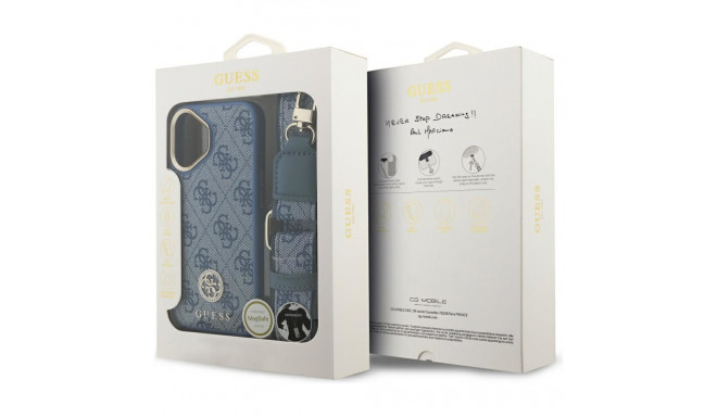 Guess 4G Strass logo ja suur rihm metallnupud MagSafe ümbris iPhone 17 sinine