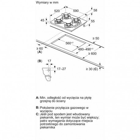Gas Hob - BOSCH POH6B6K30 4 Gas Zones 3000W Built-in Black Glass