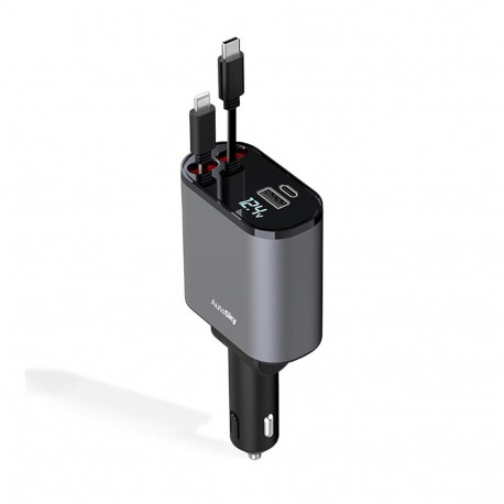 AutoSky 4-in-1 tagasitõmmatav kiire autolaadija: 100W auto USB-C ja iPhone kaabel USB-C/A