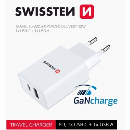 Swissten GaN Travel Charger PD 30W USB-C / USB